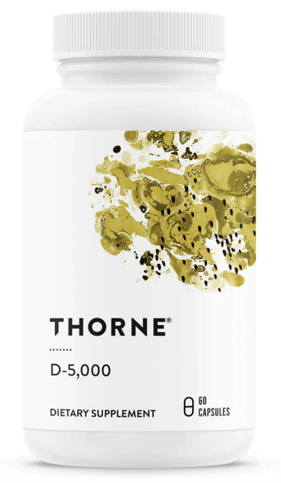 Bottle of Thorne Vitamin D-5000 dietary supplement with 60 capsules